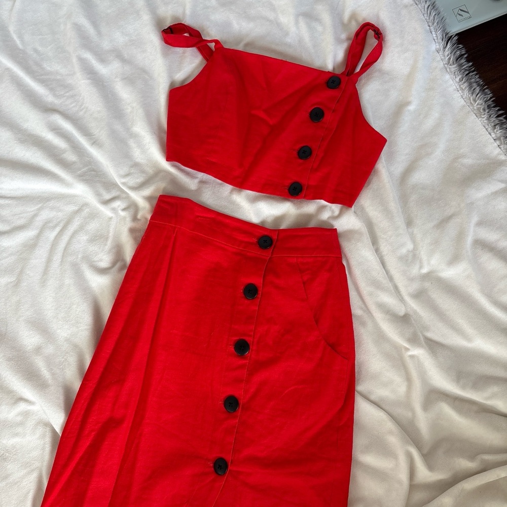 Red Button-Up Crop Top and Skirt Set